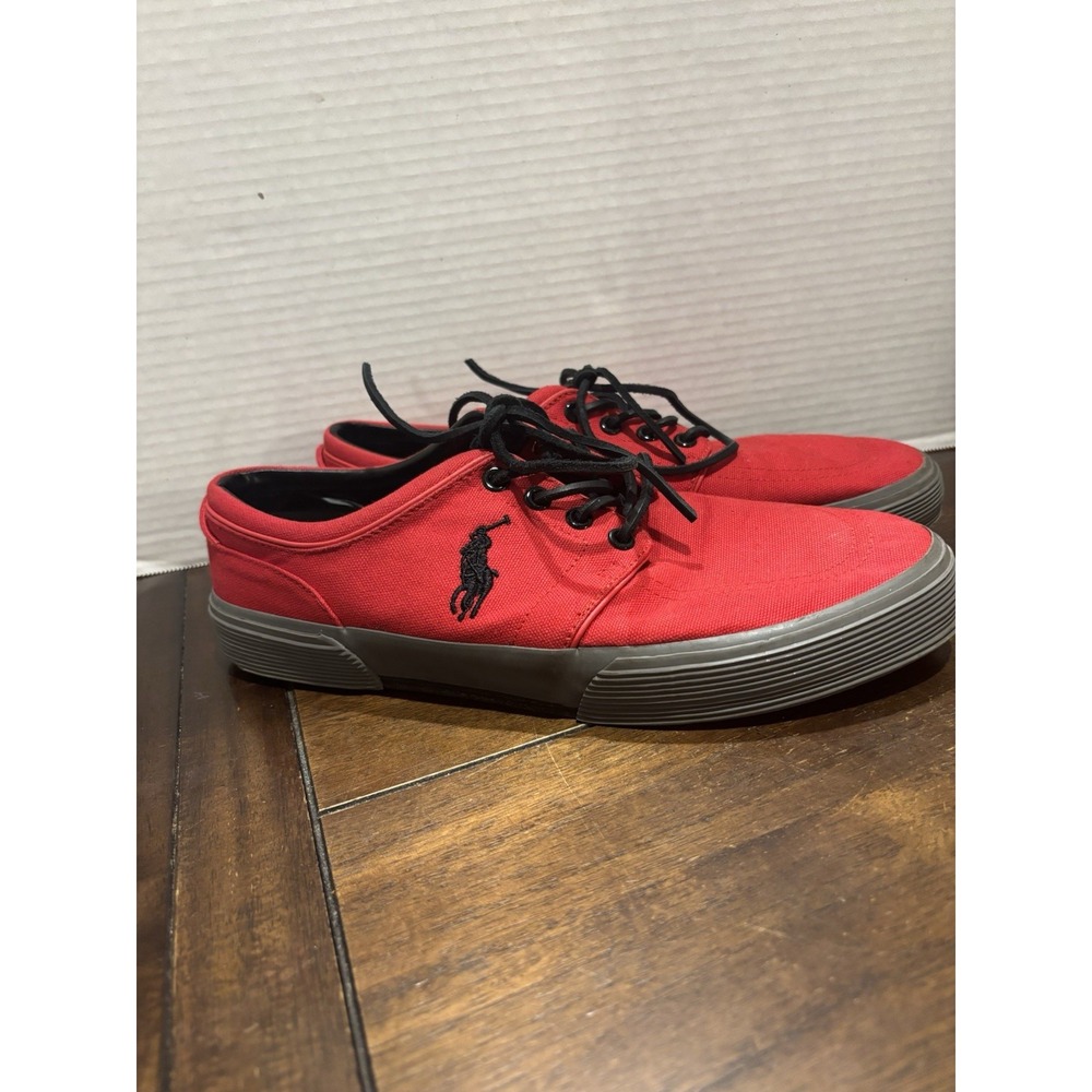 Men's ~Polo Ralph Lauren~Faxon Low Red Grey Black  Pony‎ Canvas Shoes Size 9.5D